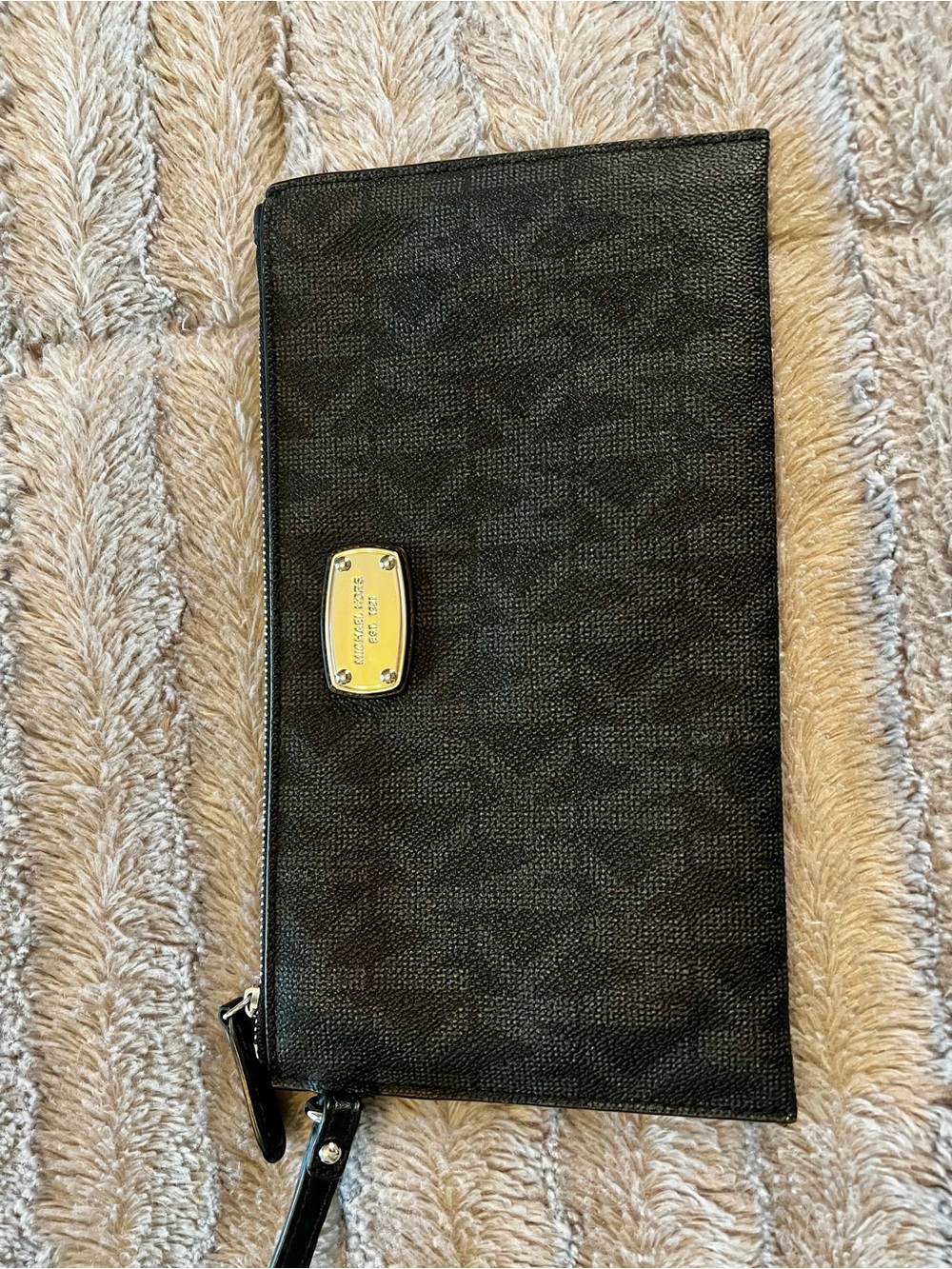 Michael Kors Black Logo-Print Wristlet with Gold Plaque